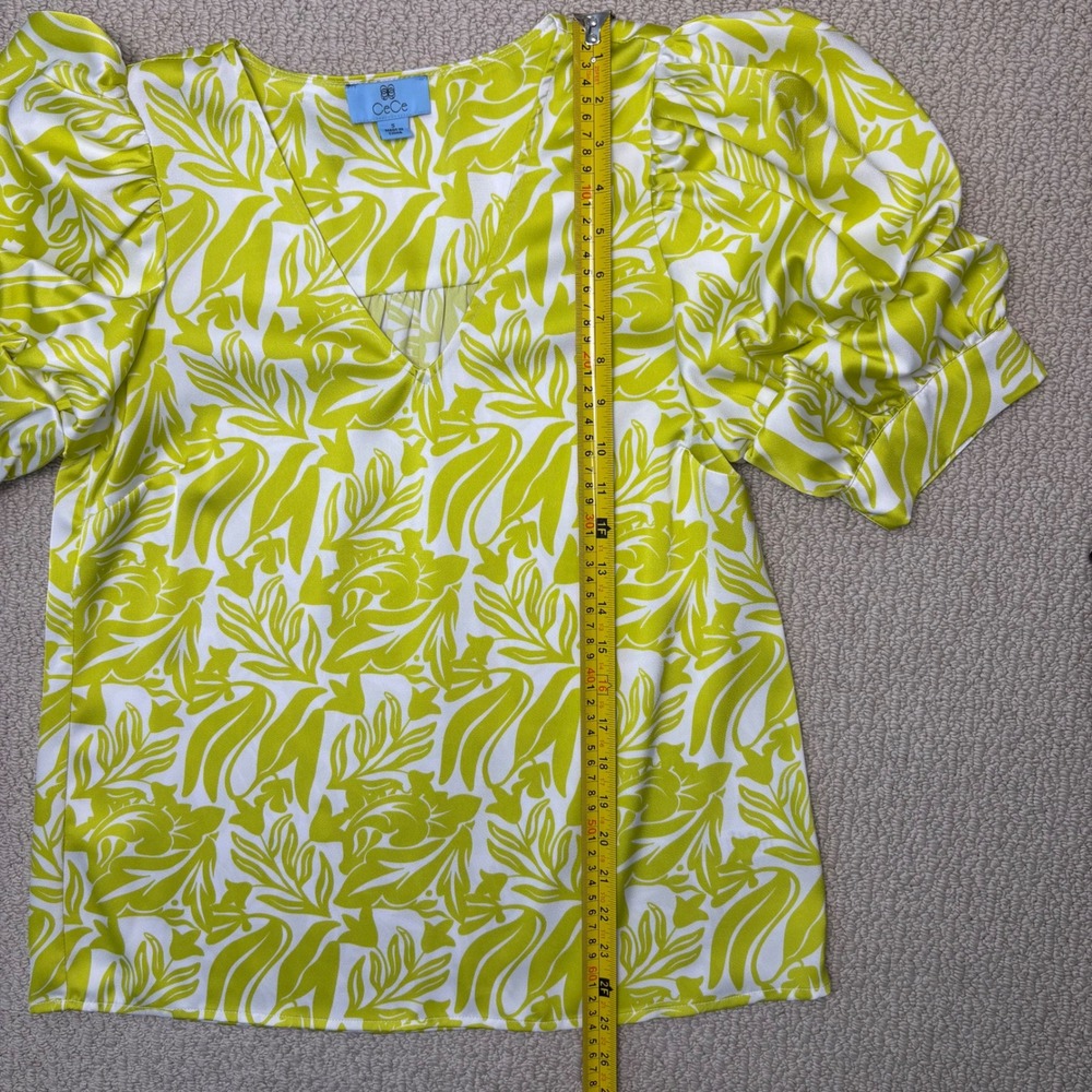 CeCe Yellow White Floral V-Neck Puff Sleeve Blouse - Picture 9 of 13